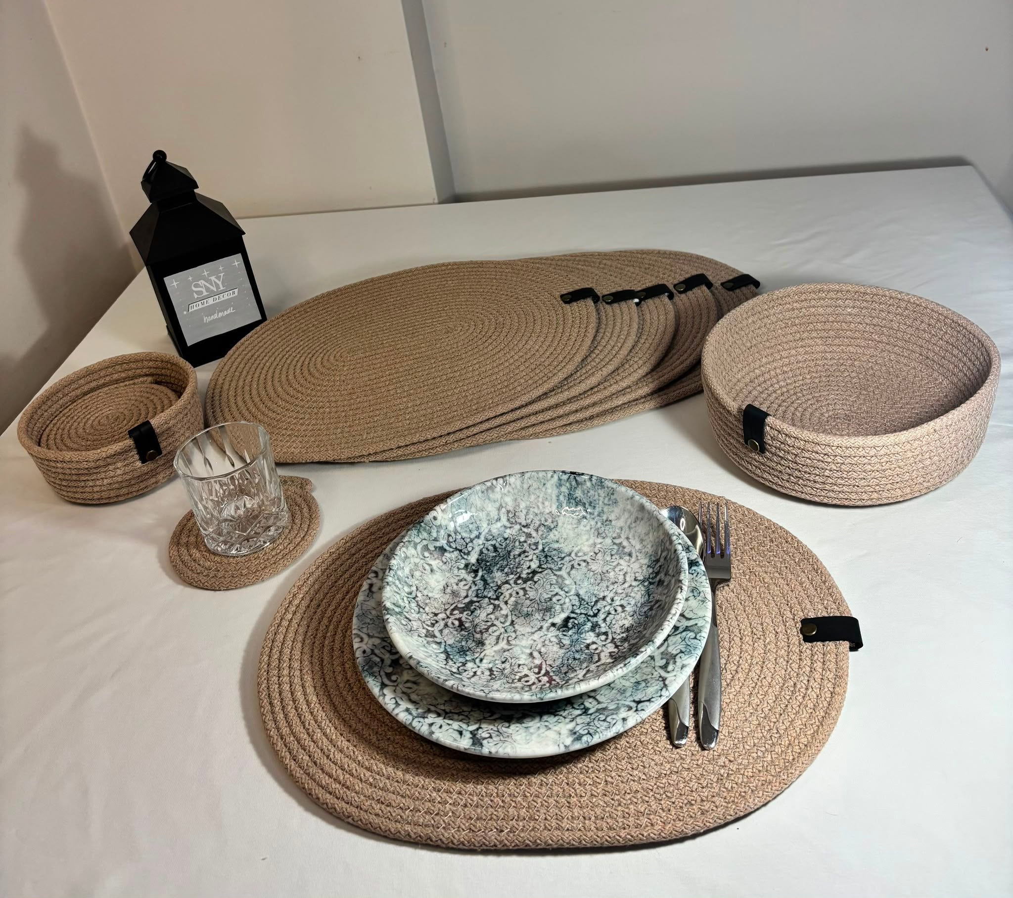 Handmade Woven Oval Placemats , Basket, Coaster Set: Boho Table Decor