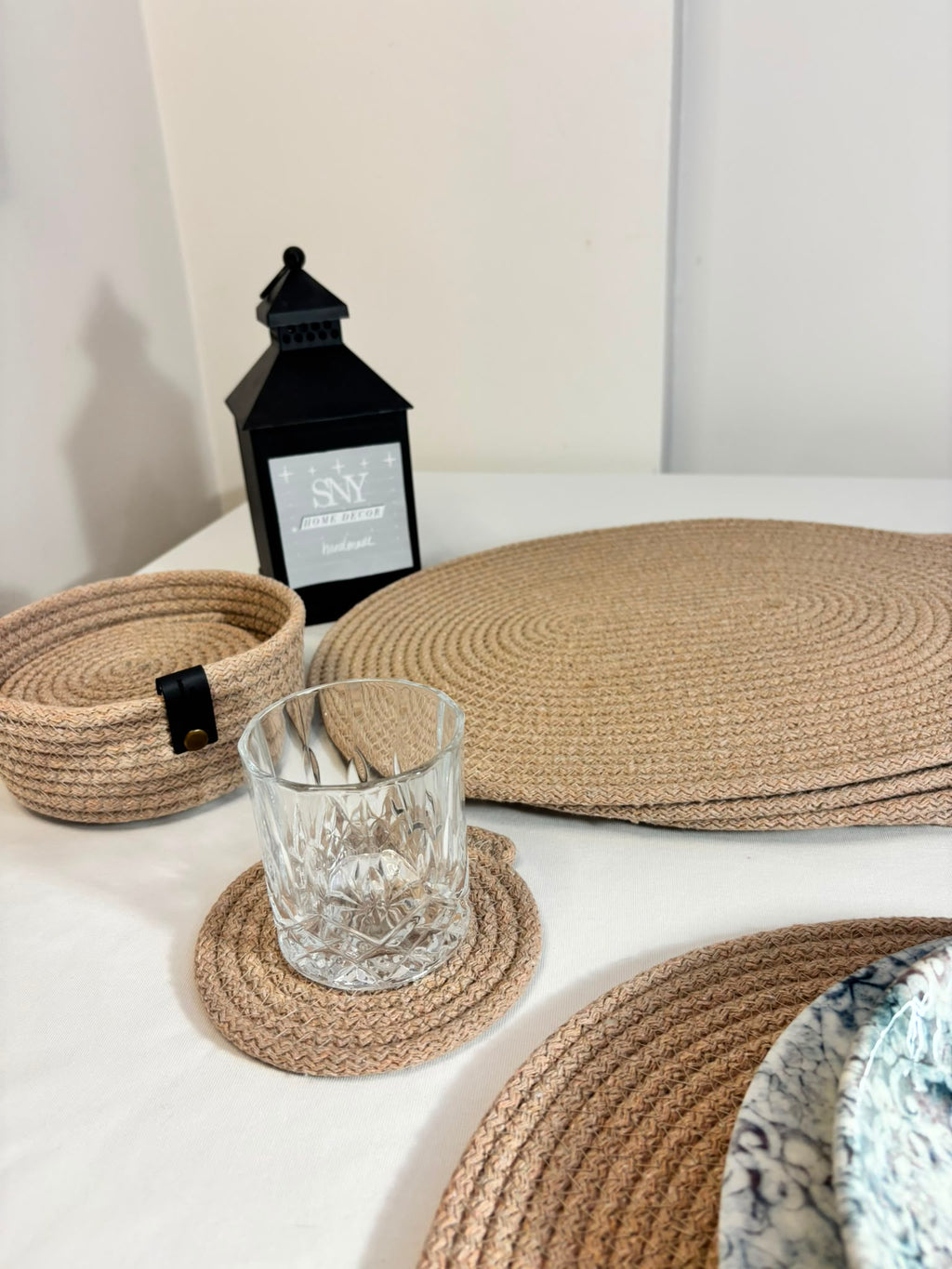 Handmade Woven Oval Placemats , Basket, Coaster Set: Boho Table Decor