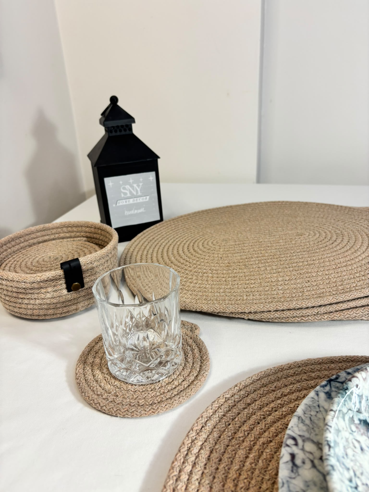 Handmade Woven Oval Placemats , Basket, Coaster Set: Boho Table Decor