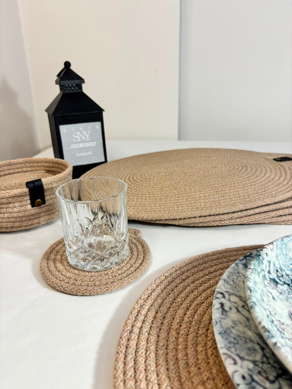 Handmade Woven Oval Placemats , Basket, Coaster Set: Boho Table Decor