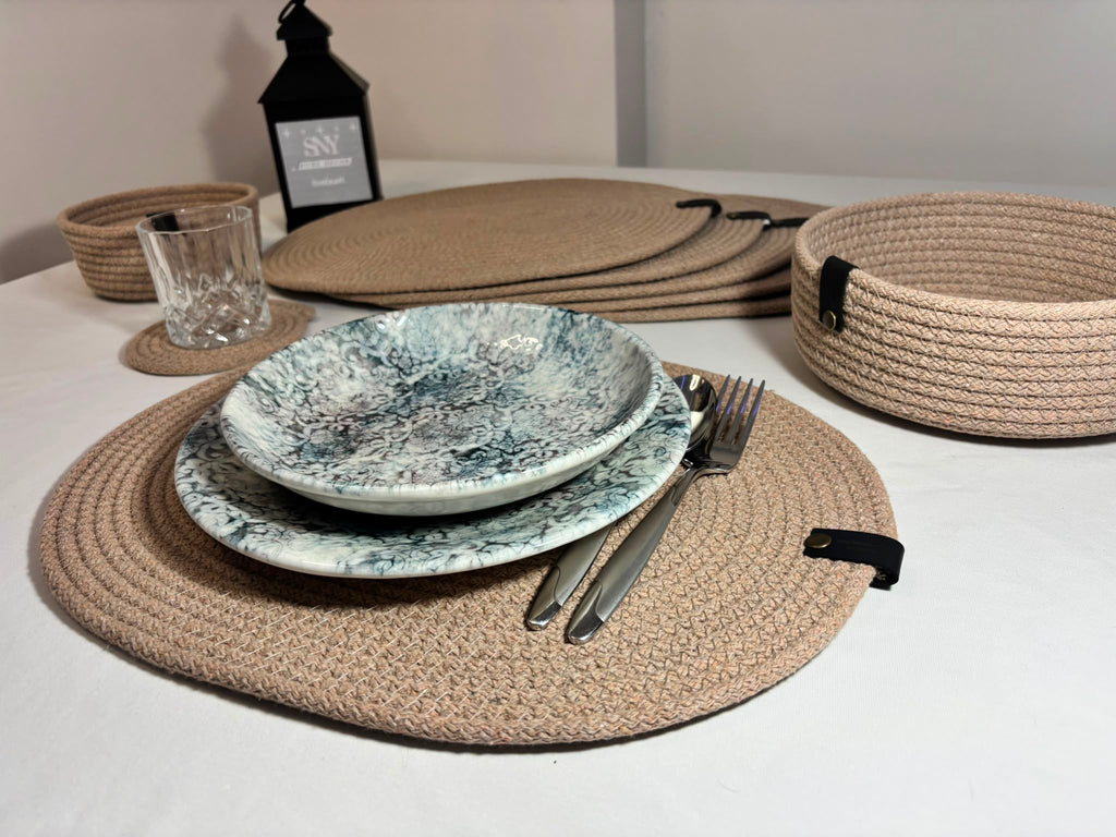 Handmade Woven Oval Placemats , Basket, Coaster Set: Boho Table Decor