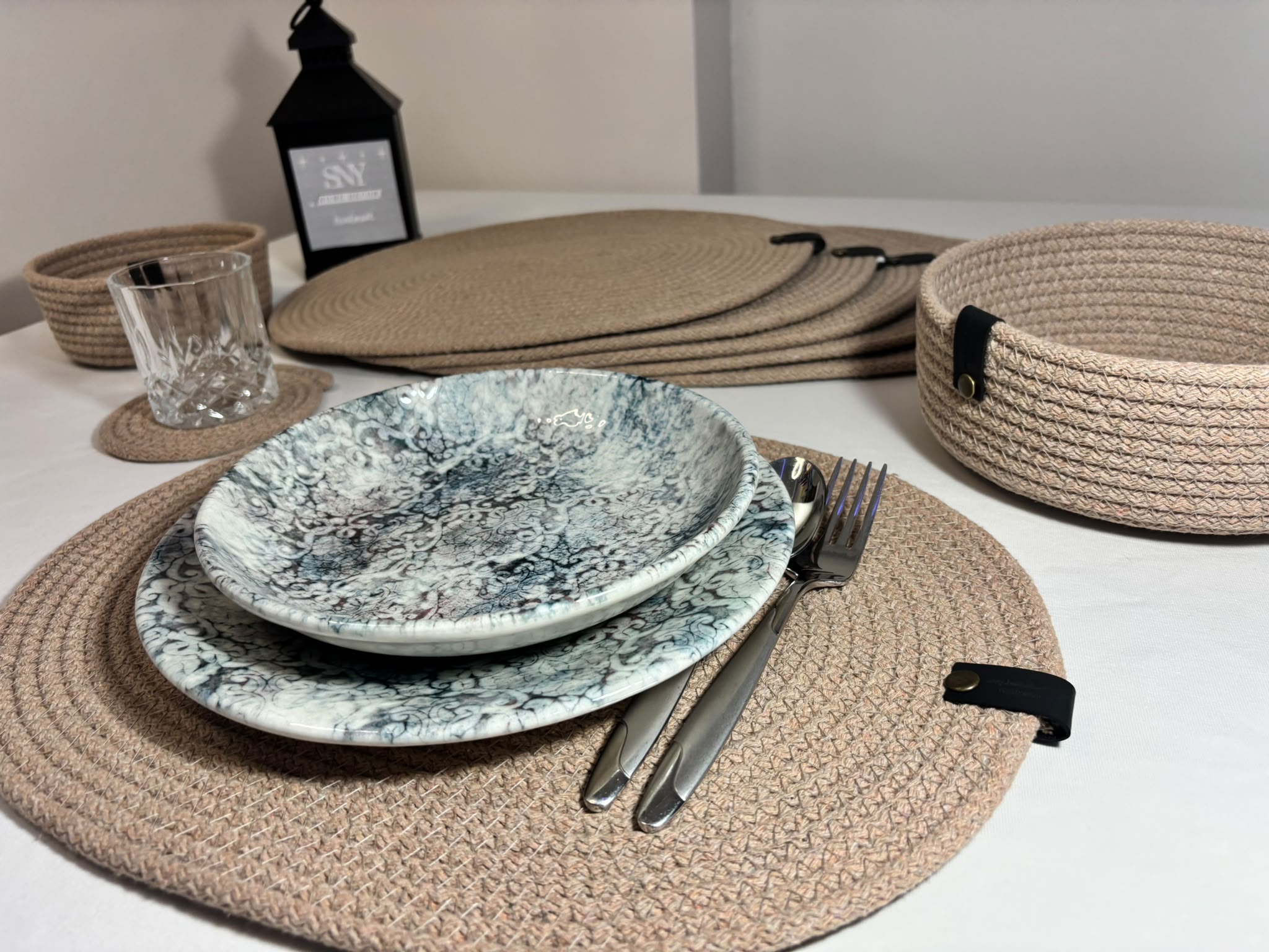 Handmade Woven Oval Placemats , Basket, Coaster Set: Boho Table Decor