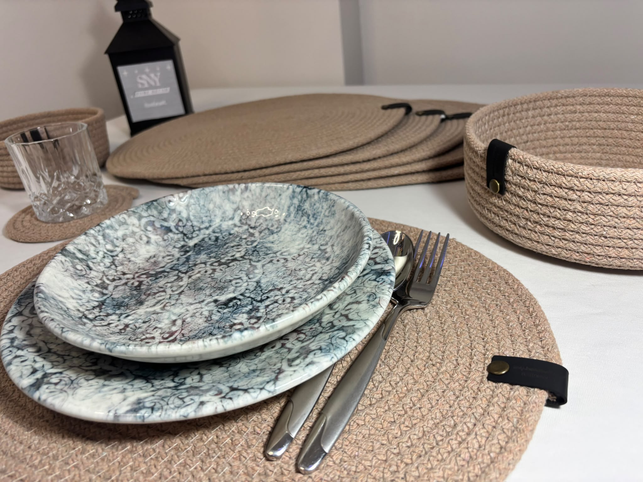 Handmade Woven Oval Placemats , Basket, Coaster Set: Boho Table Decor