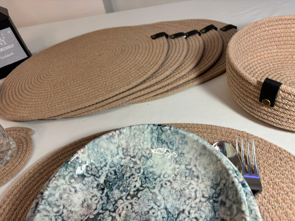 Handmade Woven Oval Placemats , Basket, Coaster Set: Boho Table Decor