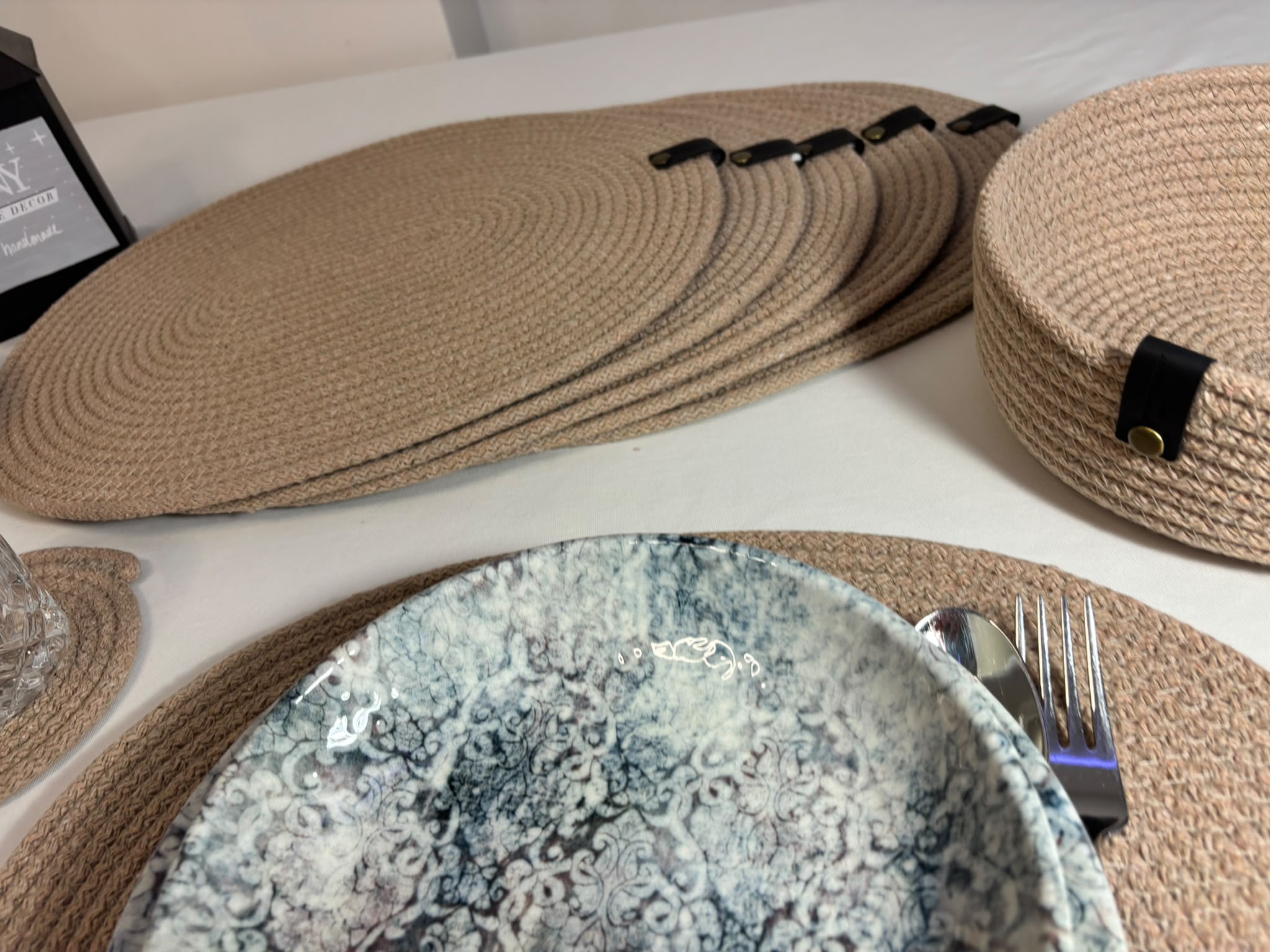 Handmade Woven Oval Placemats , Basket, Coaster Set: Boho Table Decor
