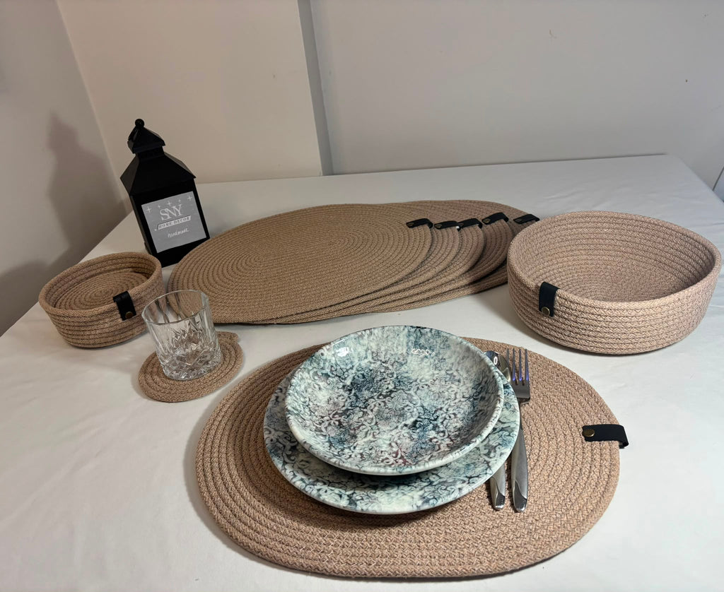 Handmade Woven Oval Placemats , Basket, Coaster Set: Boho Table Decor