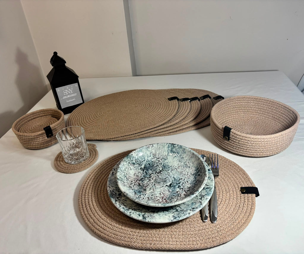 Handmade Woven Oval Placemats , Basket, Coaster Set: Boho Table Decor