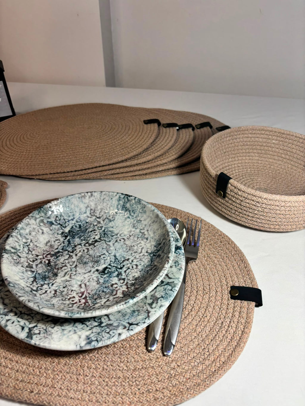 Handmade Woven Oval Placemats , Basket, Coaster Set: Boho Table Decor