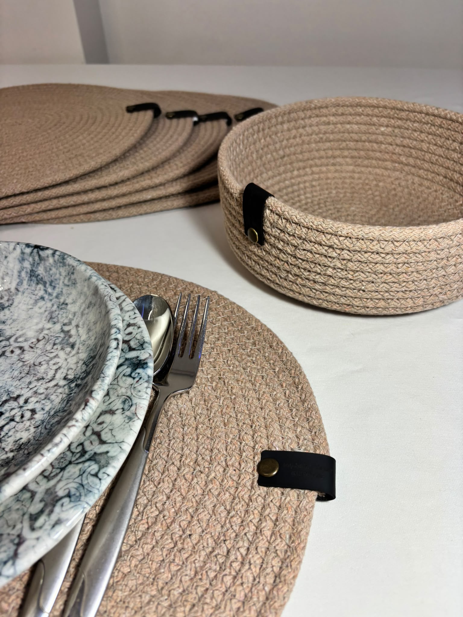 Handmade Woven Oval Placemats , Basket, Coaster Set: Boho Table Decor