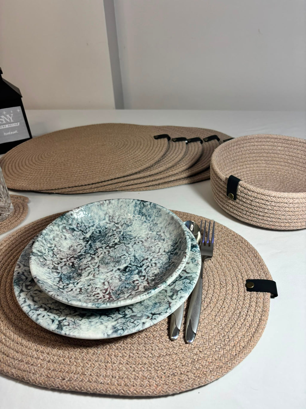 Handmade Woven Oval Placemats , Basket, Coaster Set: Boho Table Decor