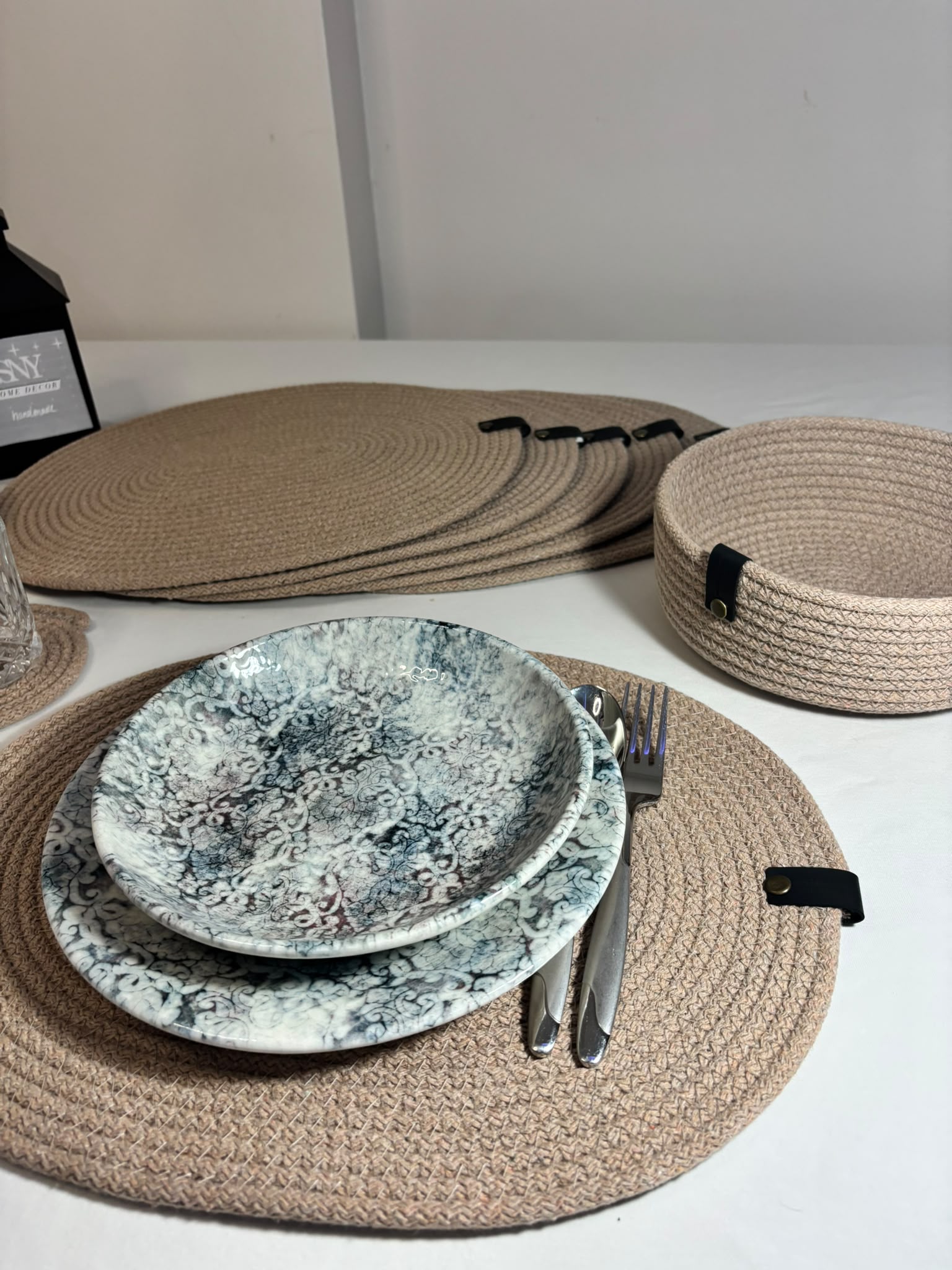 Handmade Woven Oval Placemats , Basket, Coaster Set: Boho Table Decor