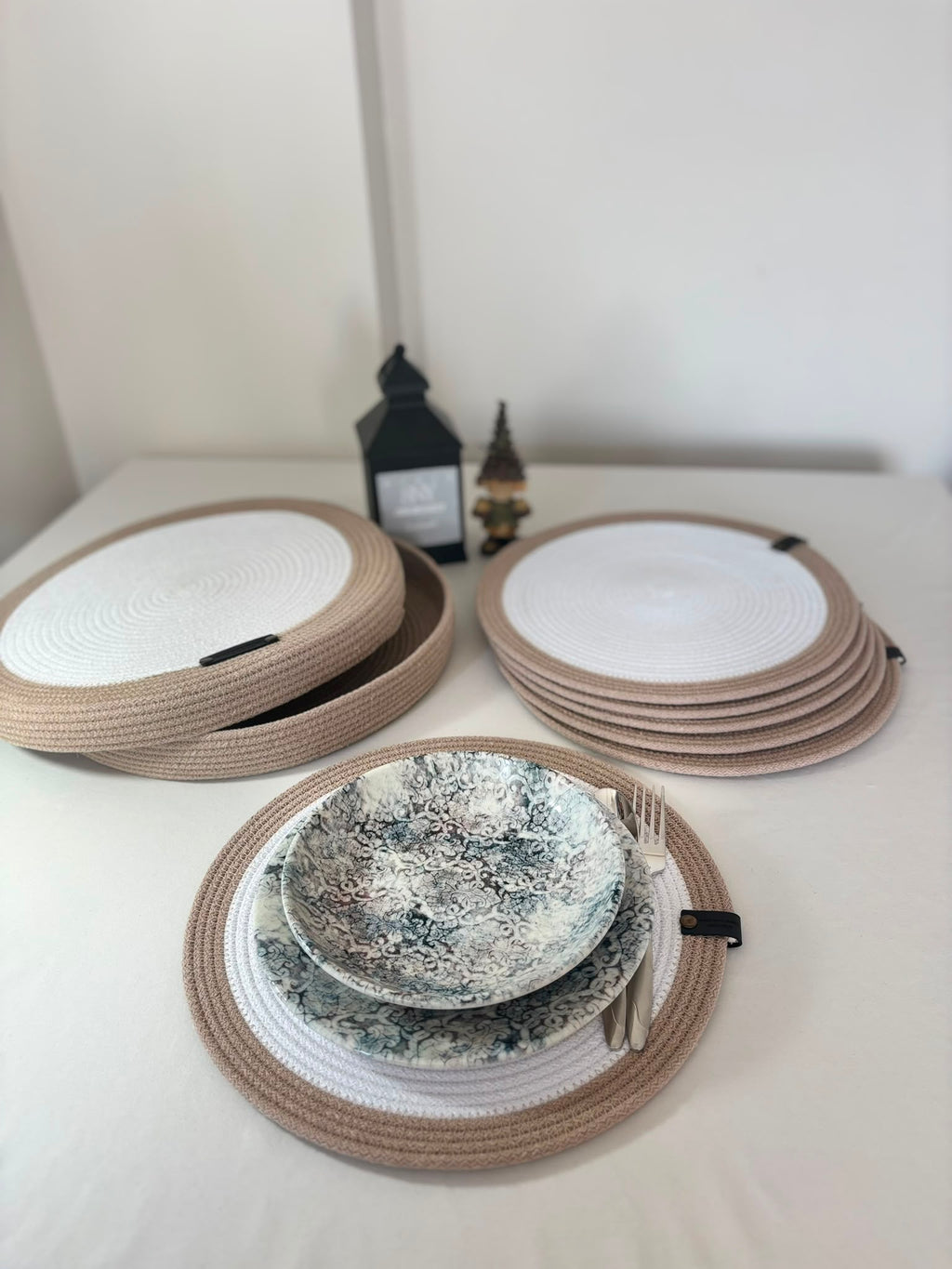 Set of 6 Round Rope Placemats with Storage Basket - Handmade Cotton Placemat Set - Neutral Beige-White Table Decor