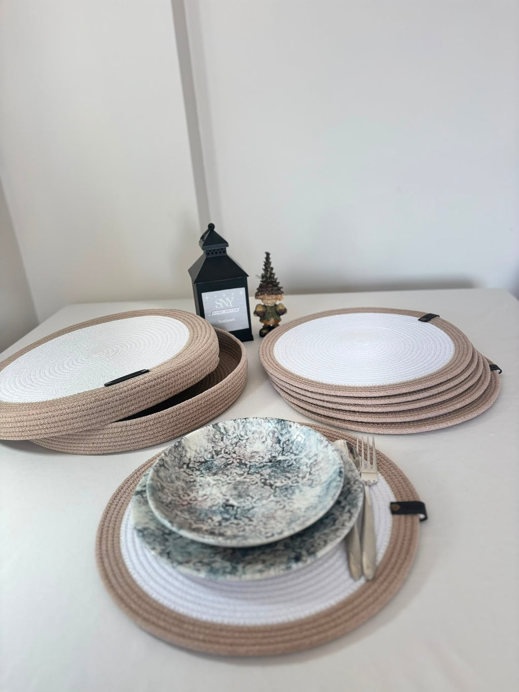 Set of 6 Round Rope Placemats with Storage Basket - Handmade Cotton Placemat Set - Neutral Beige-White Table Decor