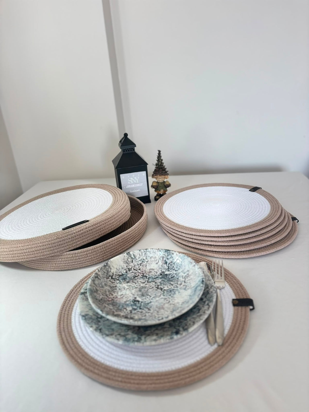 Set of 6 Round Rope Placemats with Storage Basket - Handmade Cotton Placemat Set - Neutral Beige-White Table Decor