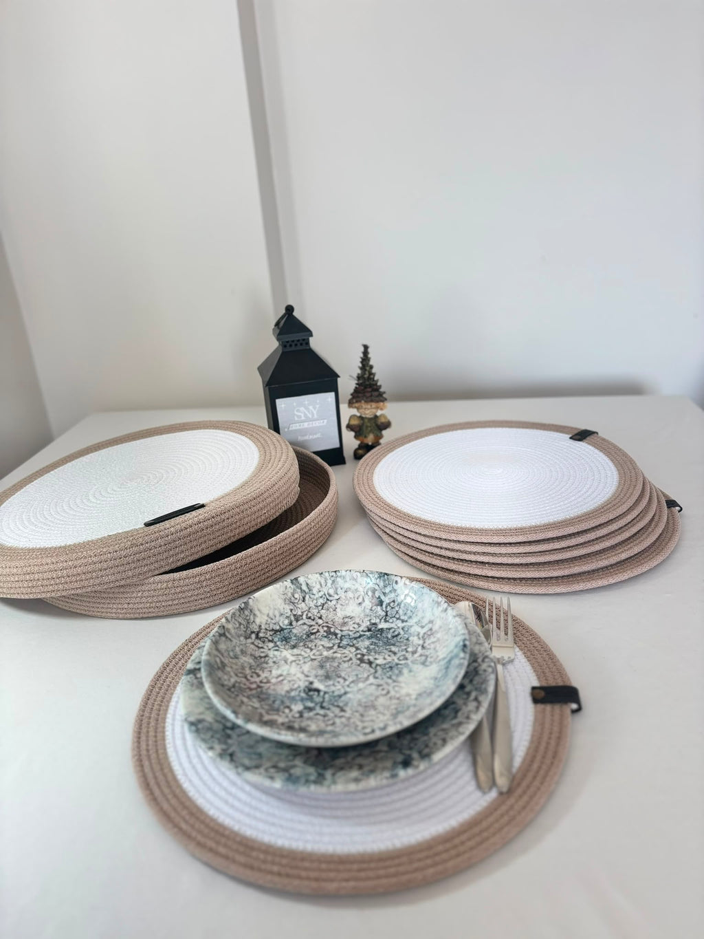 Set of 6 Round Rope Placemats with Storage Basket - Handmade Cotton Placemat Set - Neutral Beige-White Table Decor