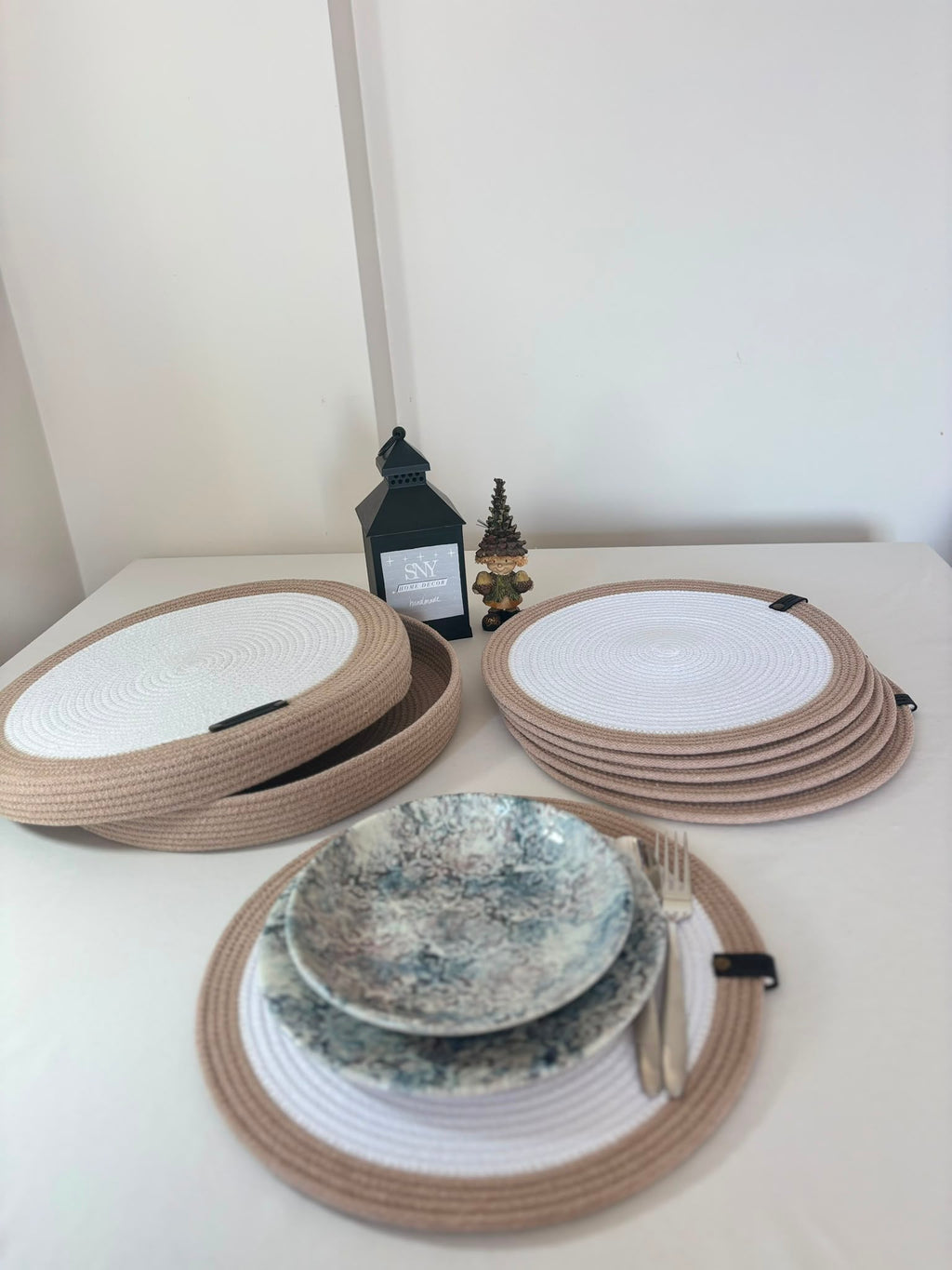 Set of 6 Round Rope Placemats with Storage Basket - Handmade Cotton Placemat Set - Neutral Beige-White Table Decor