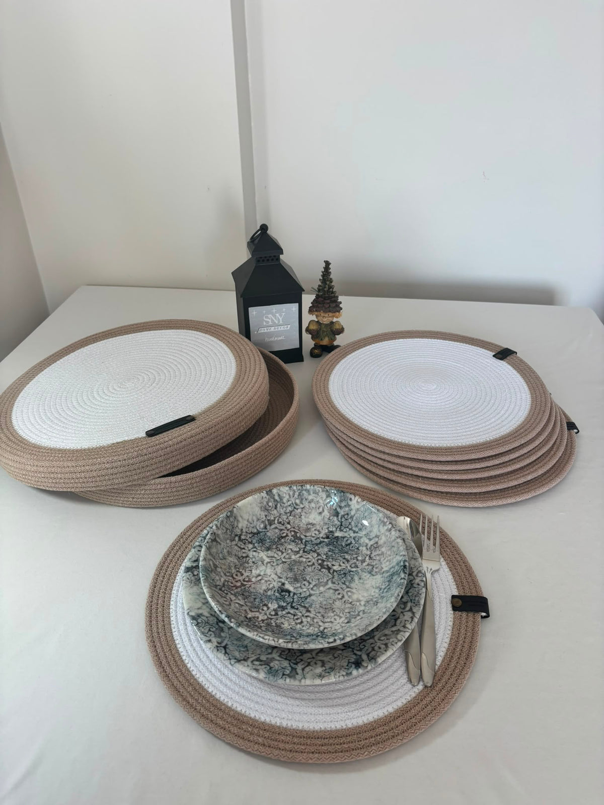 Set of 6 Round Rope Placemats with Storage Basket - Handmade Cotton Placemat Set - Neutral Beige-White Table Decor