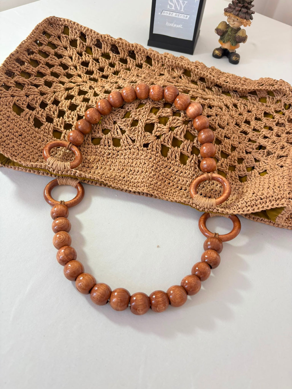 Handmade Raffia Crochet Tote, Summer Beach Bag, Wooden Handle Shoulder Bag, Woven Market Bag, Boho Raffia Purse, Sand Beige