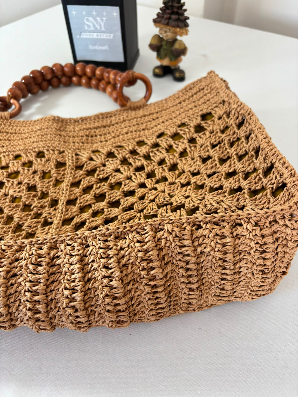 Handmade Raffia Crochet Tote, Summer Beach Bag, Wooden Handle Shoulder Bag, Woven Market Bag, Boho Raffia Purse, Sand Beige