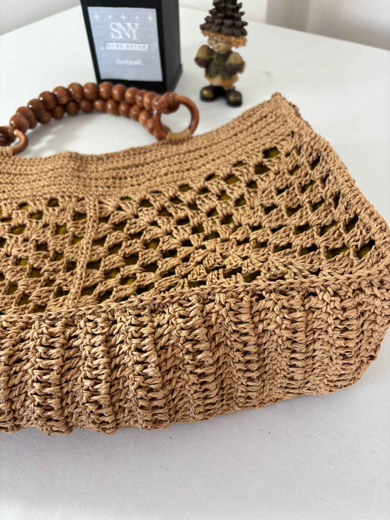 Handmade Raffia Crochet Tote, Summer Beach Bag, Wooden Handle Shoulder Bag, Woven Market Bag, Boho Raffia Purse, Sand Beige