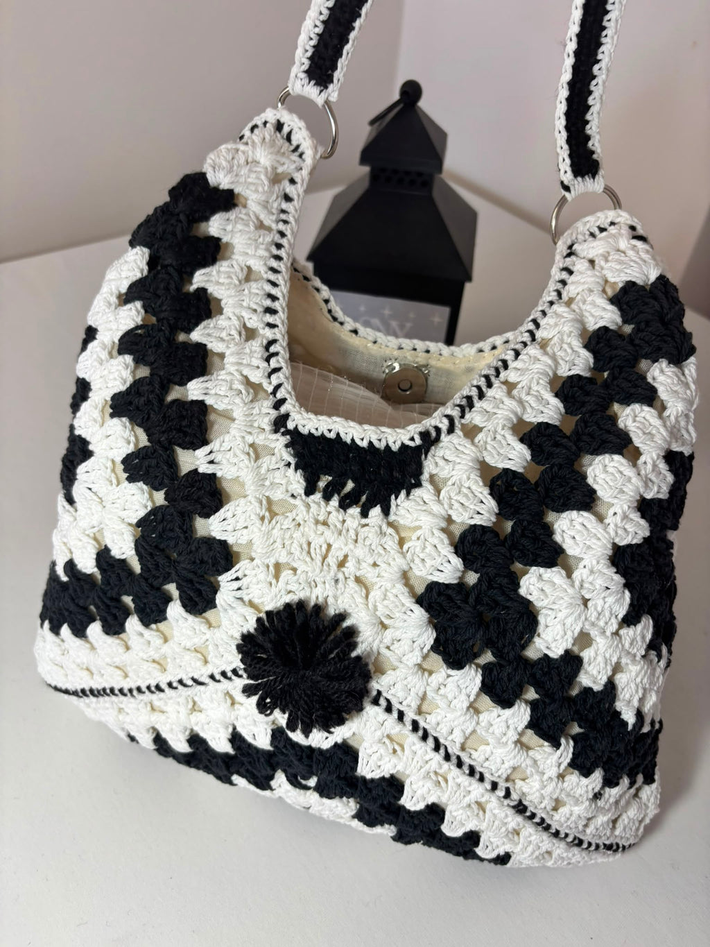 Crochet Granny Square Shoulder Bag | Handmade Black & White Tote | Boho Hobo Bag | Vintage Crochet Purse | Handmade Gift