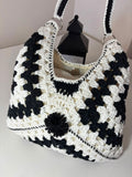 Crochet Granny Square Shoulder Bag | Handmade Black & White Tote | Boho Hobo Bag | Vintage Crochet Purse | Handmade Gift