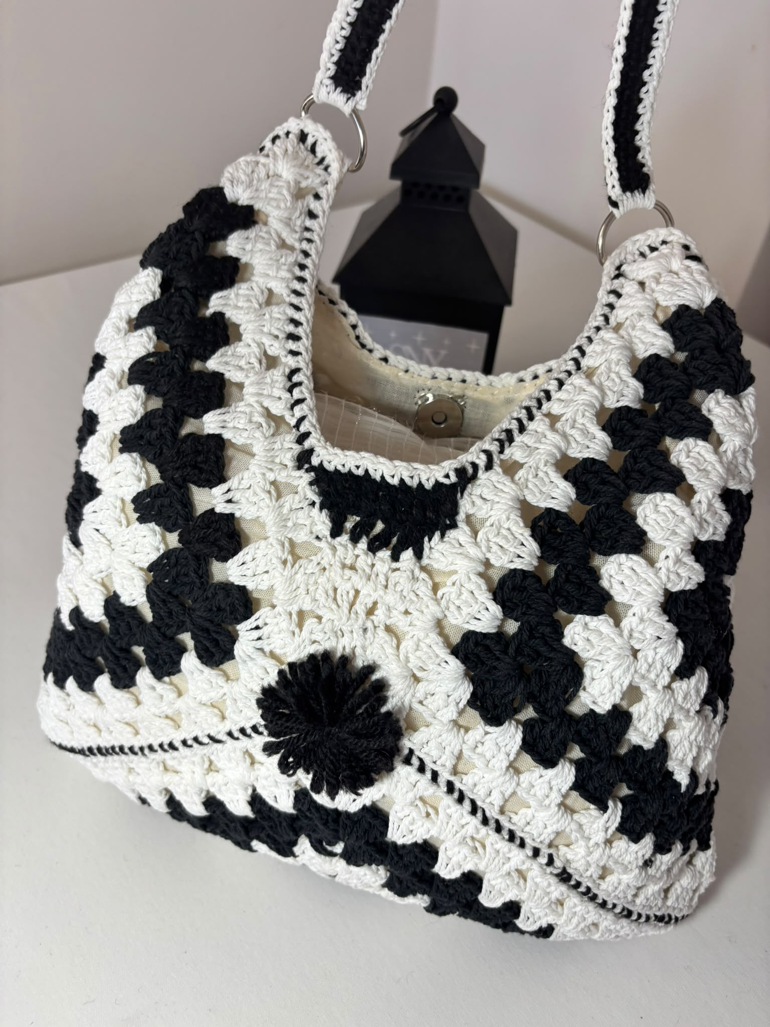 Crochet Granny Square Shoulder Bag | Handmade Black & White Tote | Boho Hobo Bag | Vintage Crochet Purse | Handmade Gift