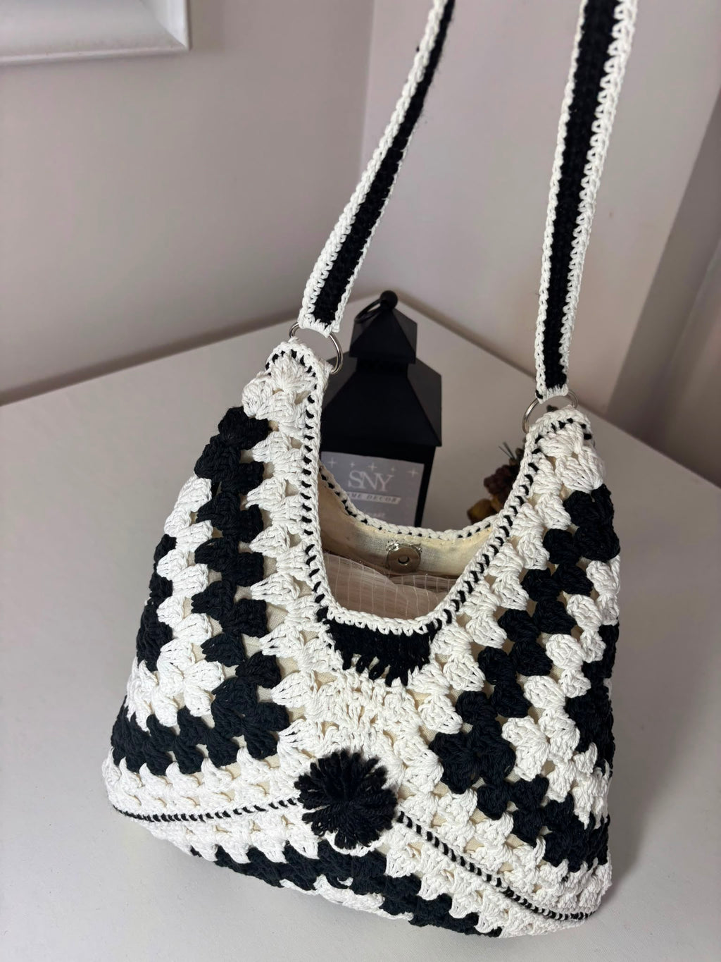 Crochet Granny Square Shoulder Bag | Handmade Black & White Tote | Boho Hobo Bag | Vintage Crochet Purse | Handmade Gift