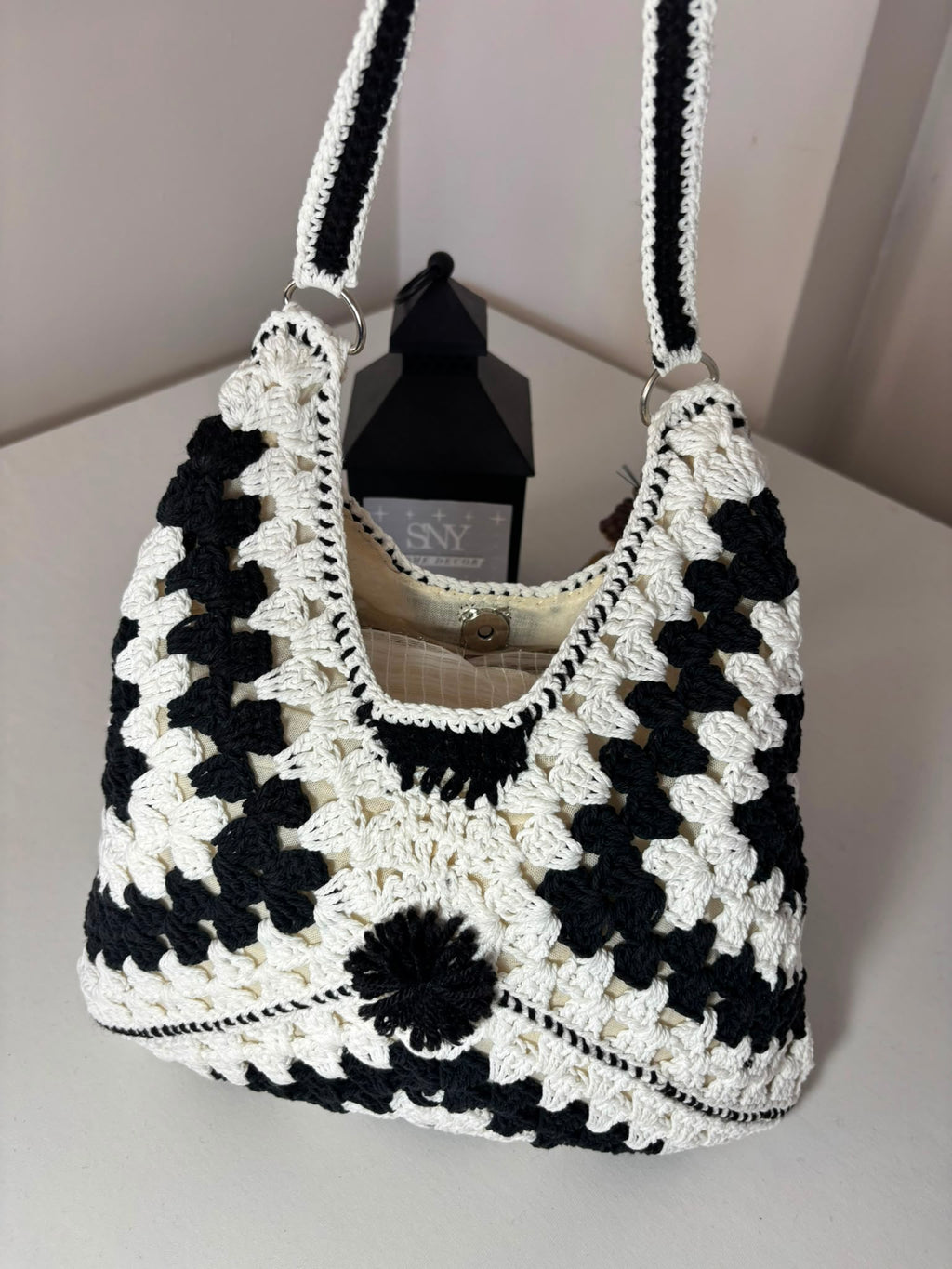 Crochet Granny Square Shoulder Bag | Handmade Black & White Tote | Boho Hobo Bag | Vintage Crochet Purse | Handmade Gift