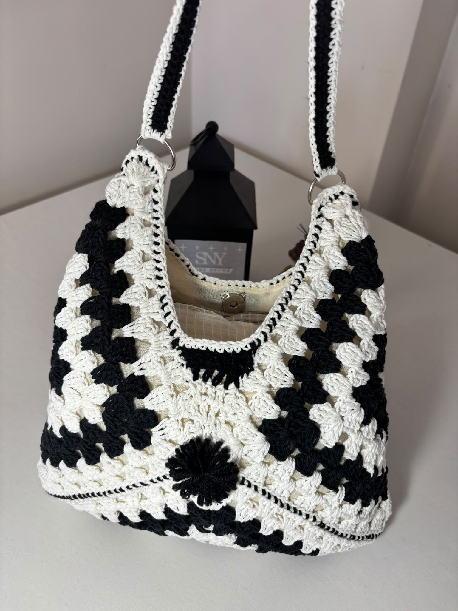 Crochet Granny Square Shoulder Bag | Handmade Black & White Tote | Boho Hobo Bag | Vintage Crochet Purse | Handmade Gift