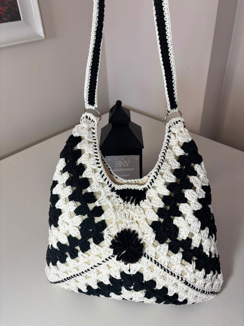 Crochet Granny Square Shoulder Bag | Handmade Black & White Tote | Boho Hobo Bag | Vintage Crochet Purse | Handmade Gift