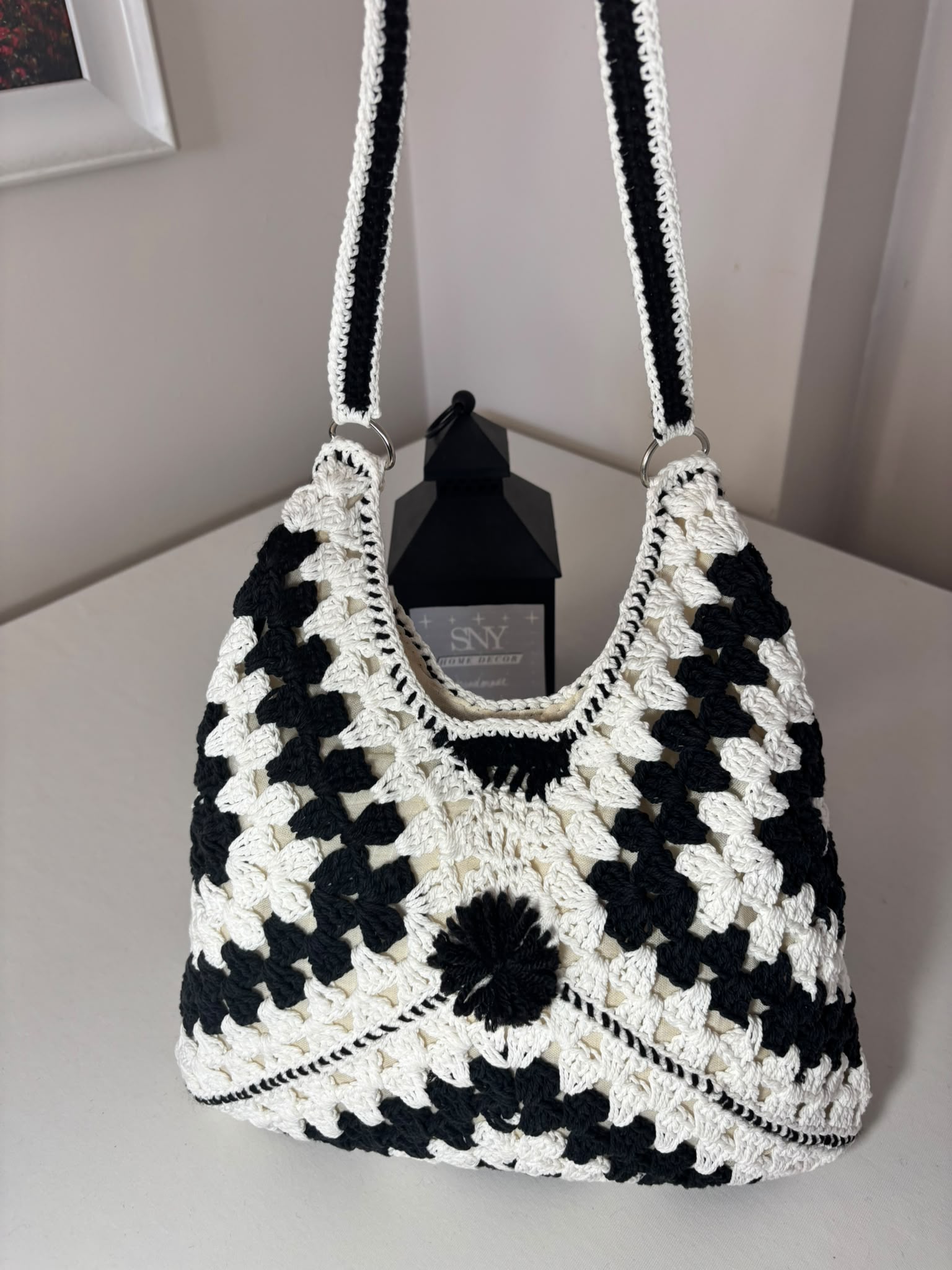 Crochet Granny Square Shoulder Bag | Handmade Black & White Tote | Boho Hobo Bag | Vintage Crochet Purse | Handmade Gift