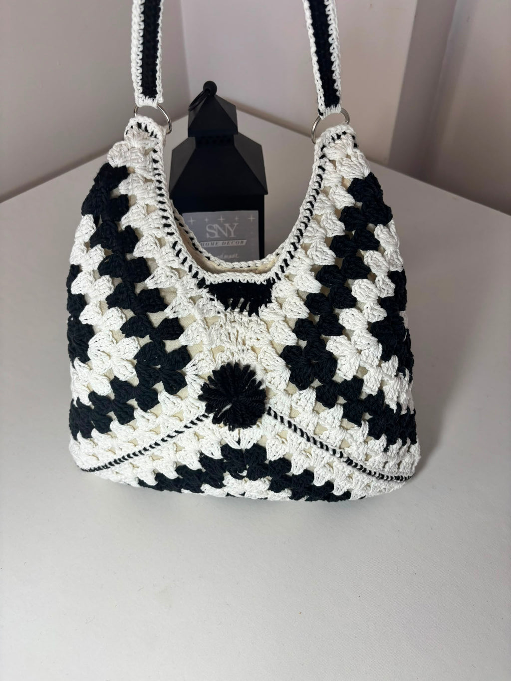 Crochet Granny Square Shoulder Bag | Handmade Black & White Tote | Boho Hobo Bag | Vintage Crochet Purse | Handmade Gift