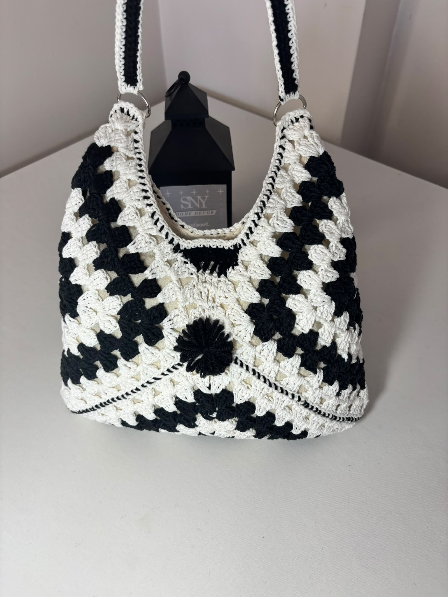 Crochet Granny Square Shoulder Bag | Handmade Black & White Tote | Boho Hobo Bag | Vintage Crochet Purse | Handmade Gift