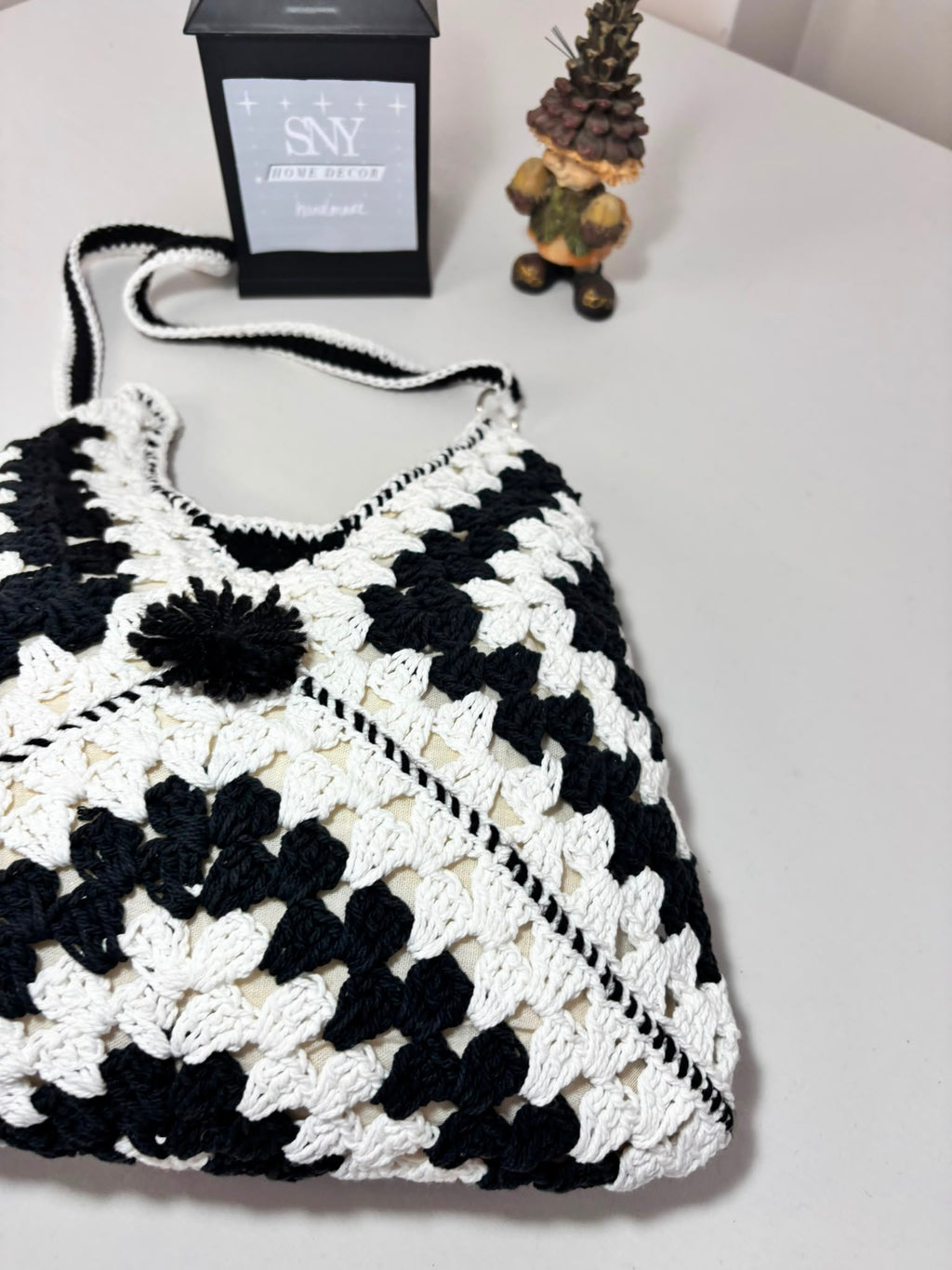 Crochet Granny Square Shoulder Bag | Handmade Black & White Tote | Boho Hobo Bag | Vintage Crochet Purse | Handmade Gift