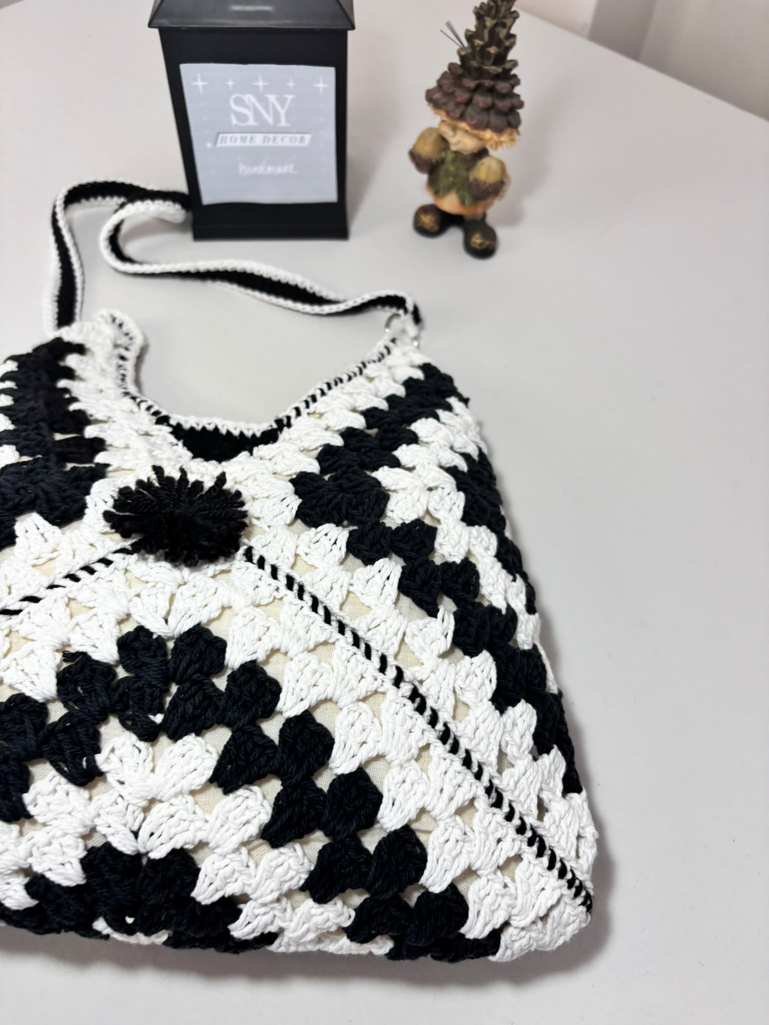 Crochet Granny Square Shoulder Bag | Handmade Black & White Tote | Boho Hobo Bag | Vintage Crochet Purse | Handmade Gift