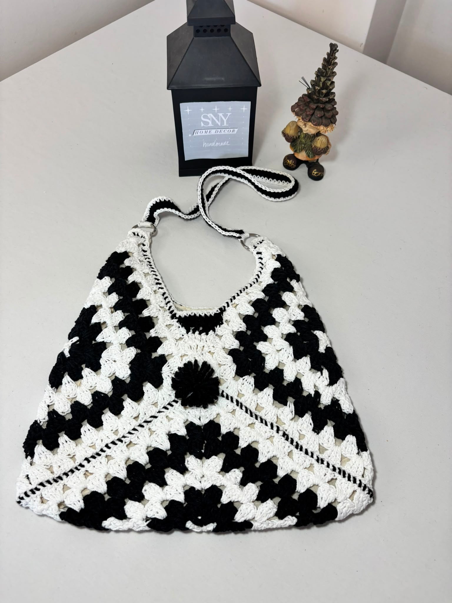 Crochet Granny Square Shoulder Bag | Handmade Black & White Tote | Boho Hobo Bag | Vintage Crochet Purse | Handmade Gift