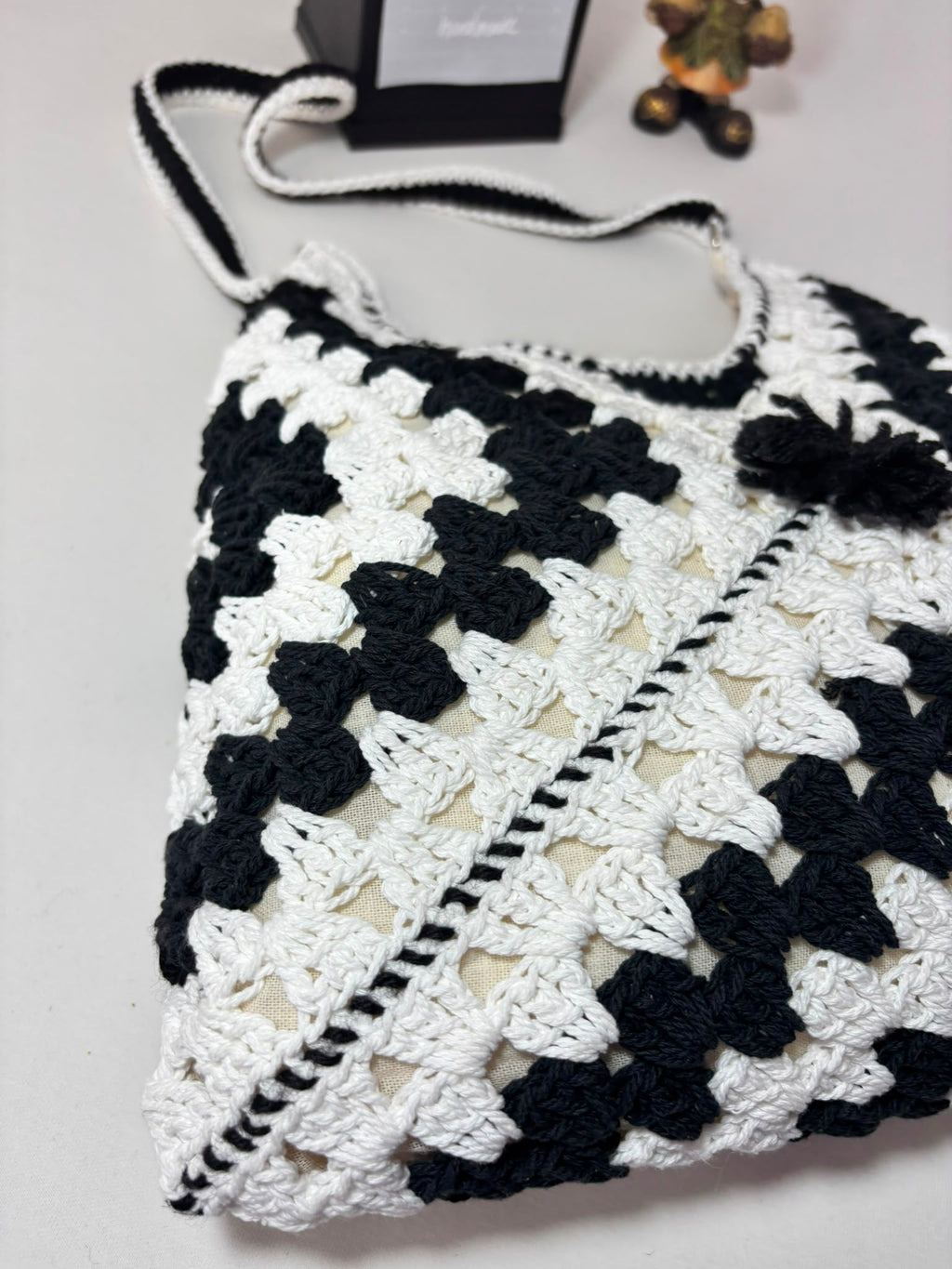 Crochet Granny Square Shoulder Bag | Handmade Black & White Tote | Boho Hobo Bag | Vintage Crochet Purse | Handmade Gift