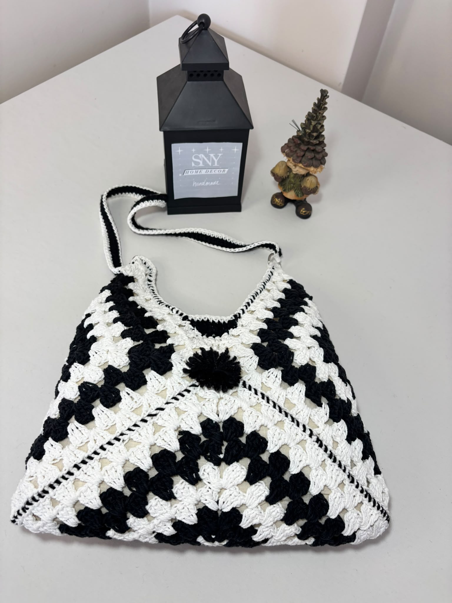 Crochet Granny Square Shoulder Bag | Handmade Black & White Tote | Boho Hobo Bag | Vintage Crochet Purse | Handmade Gift