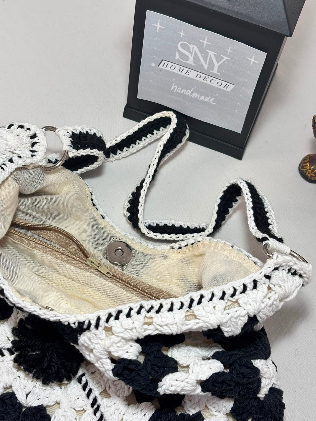 Crochet Granny Square Shoulder Bag | Handmade Black & White Tote | Boho Hobo Bag | Vintage Crochet Purse | Handmade Gift