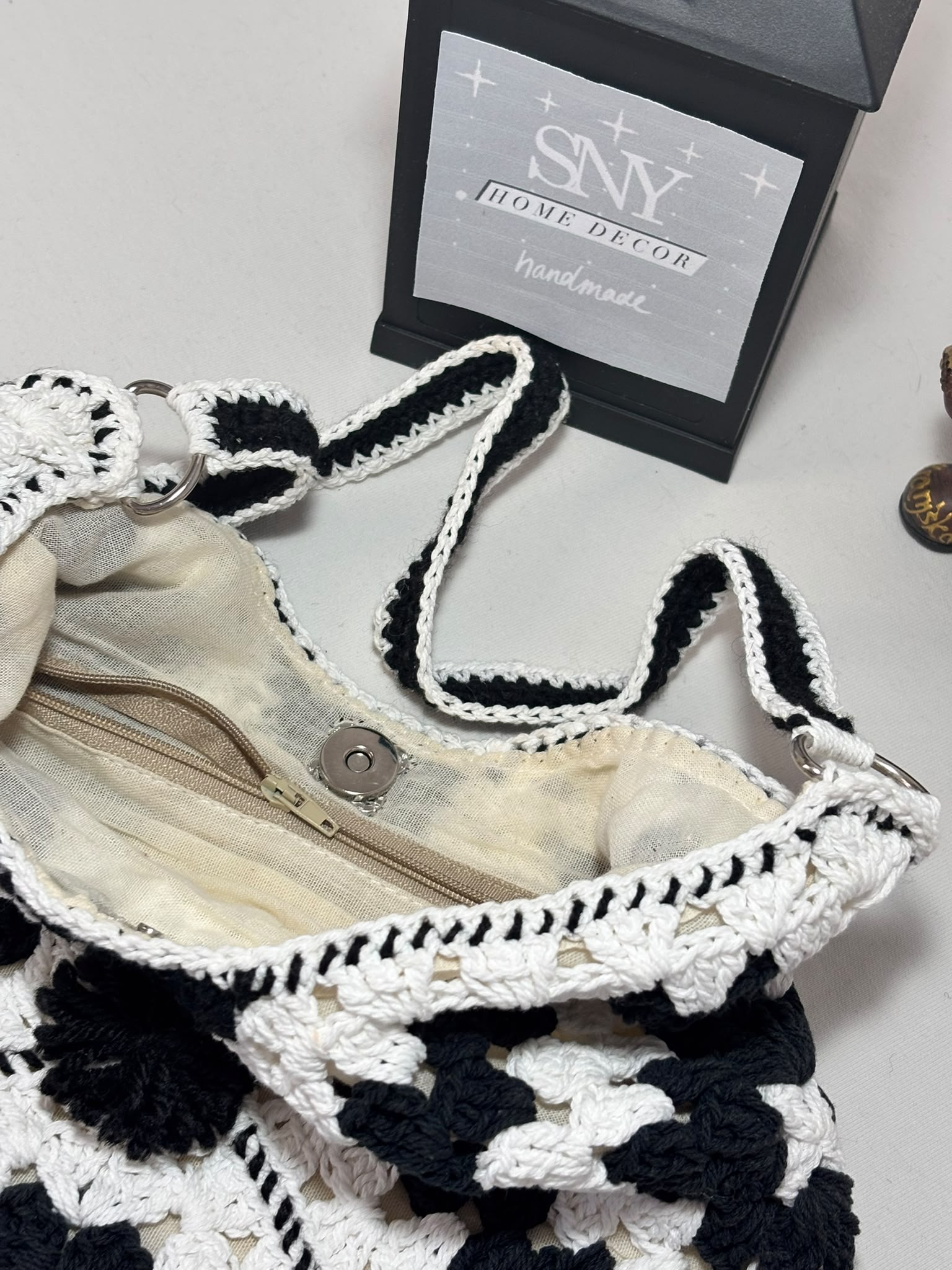 Crochet Granny Square Shoulder Bag | Handmade Black & White Tote | Boho Hobo Bag | Vintage Crochet Purse | Handmade Gift