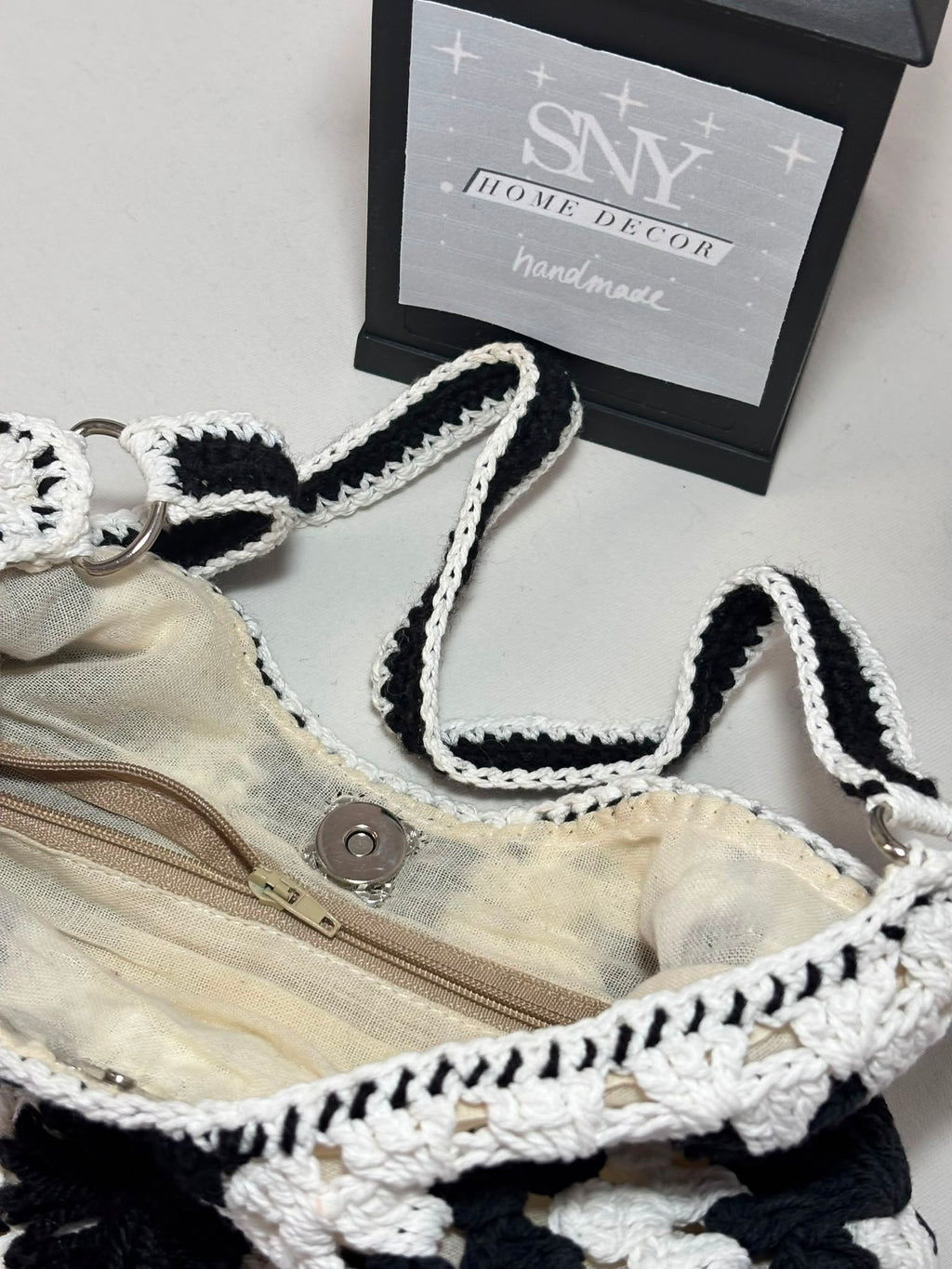 Crochet Granny Square Shoulder Bag | Handmade Black & White Tote | Boho Hobo Bag | Vintage Crochet Purse | Handmade Gift