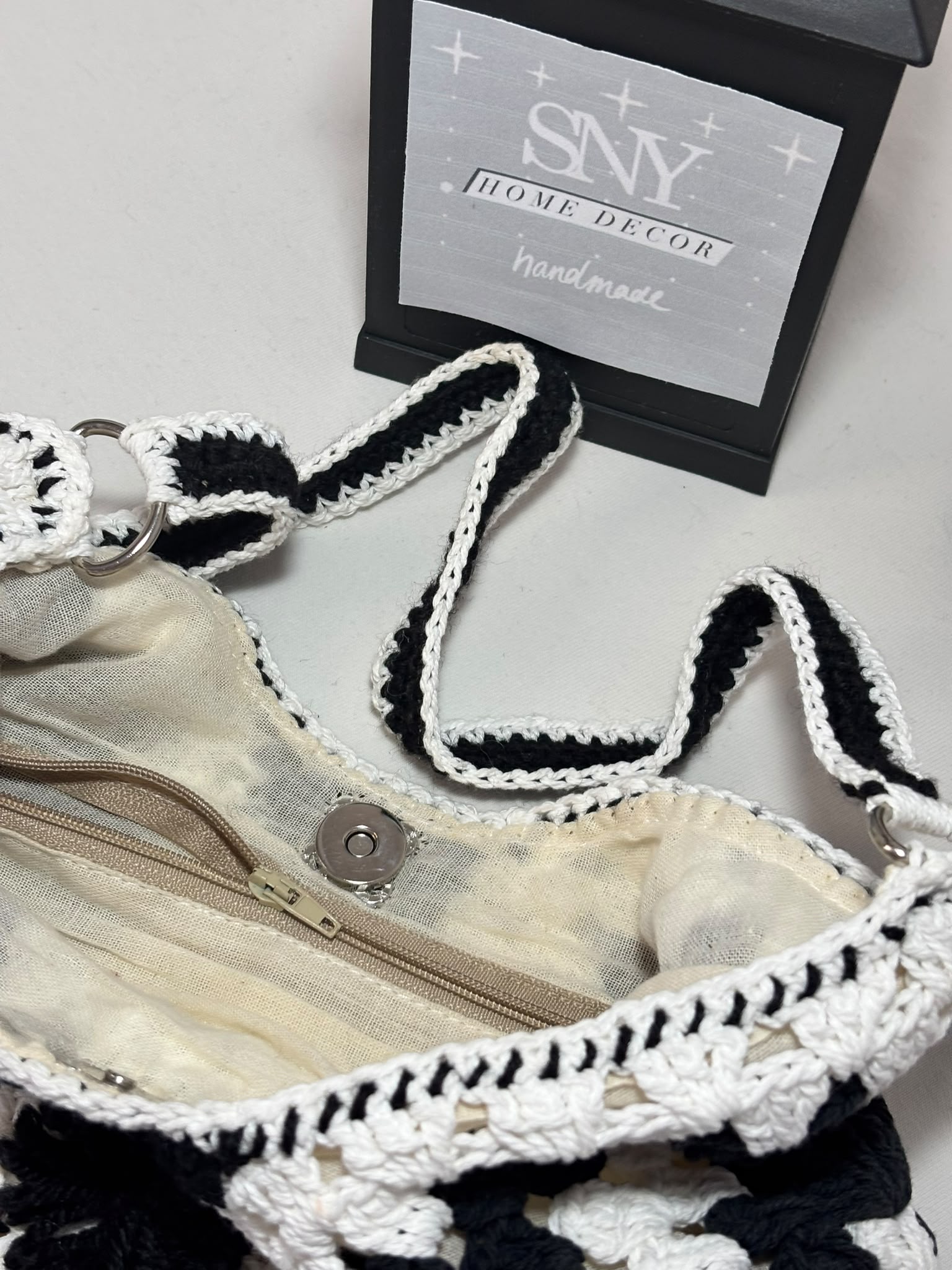 Crochet Granny Square Shoulder Bag | Handmade Black & White Tote | Boho Hobo Bag | Vintage Crochet Purse | Handmade Gift