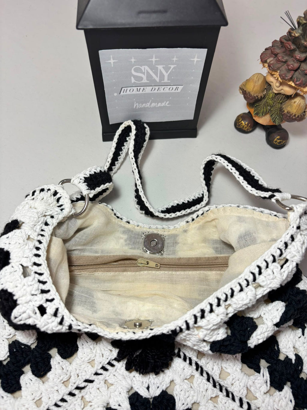 Crochet Granny Square Shoulder Bag | Handmade Black & White Tote | Boho Hobo Bag | Vintage Crochet Purse | Handmade Gift