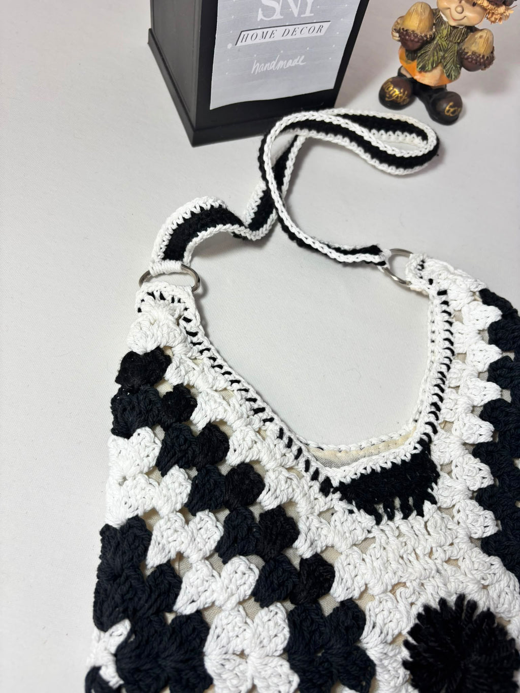 Crochet Granny Square Shoulder Bag | Handmade Black & White Tote | Boho Hobo Bag | Vintage Crochet Purse | Handmade Gift