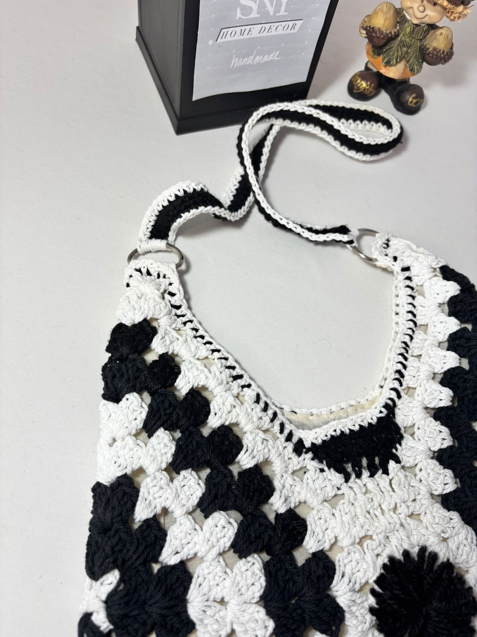 Crochet Granny Square Shoulder Bag | Handmade Black & White Tote | Boho Hobo Bag | Vintage Crochet Purse | Handmade Gift