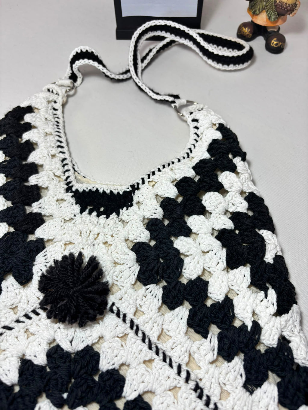 Crochet Granny Square Shoulder Bag | Handmade Black & White Tote | Boho Hobo Bag | Vintage Crochet Purse | Handmade Gift
