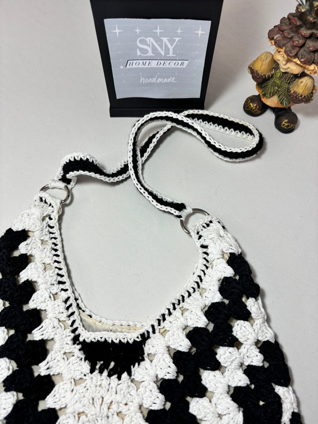 Crochet Granny Square Shoulder Bag | Handmade Black & White Tote | Boho Hobo Bag | Vintage Crochet Purse | Handmade Gift
