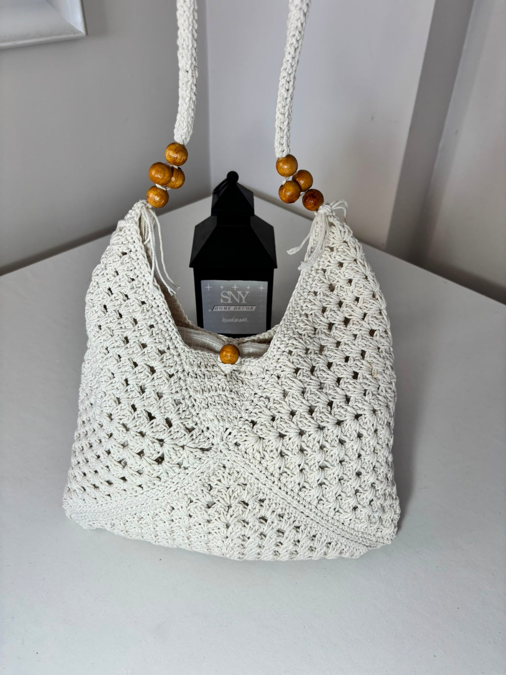 Handmade Granny Square Crochet Bag | Black & White Boho Shoulder Bag | Crochet Tote Bag | Vintage Style Cotton Purse | Gift for Her