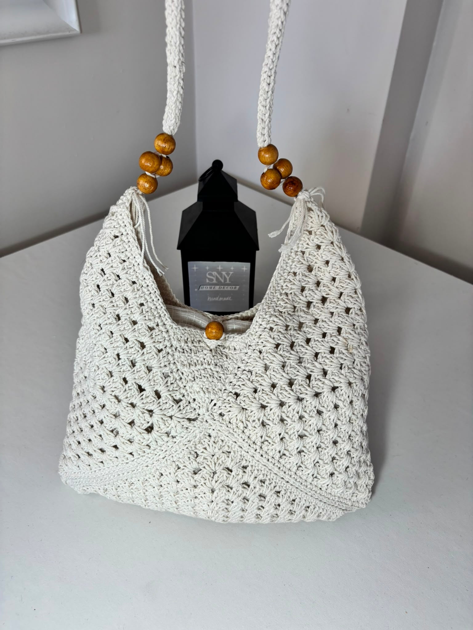 Handmade Granny Square Crochet Bag | Black & White Boho Shoulder Bag | Crochet Tote Bag | Vintage Style Cotton Purse | Gift for Her